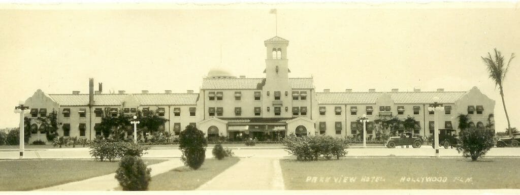 Hollywood/Park View Hotel, built 1922. West façade overlooking Circle Park. Designed by Rubush & Hunter in Young’s chosen Mission Revival style. Courtesy Hollywood Historical Society.