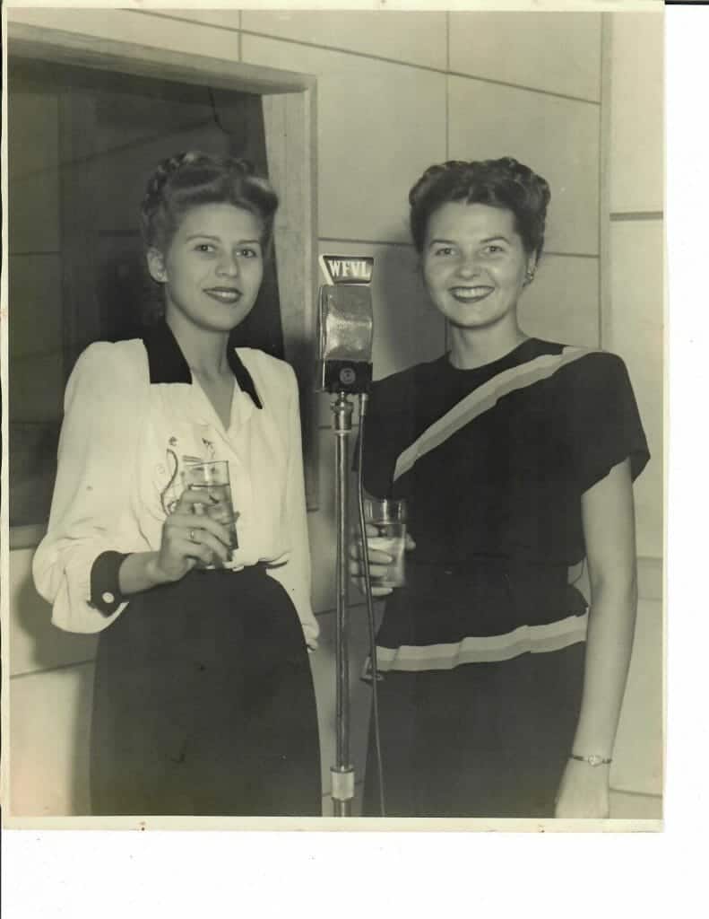 Great Southern Hotel, inauguration of radio station WFVL, Montyna Montayne and Marion Obenauf celebrating, October 15, 1946. Courtesy of Marion Obenauf Fording.